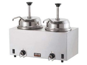 Doppeltes Topping-/Saucen Wärme- und Portioniergerät mit Pumpe.:    Zwei Edelstahl Wasserbad Wärmer mit 2 Pumpen.    Ausgabe aus 2,8L Edelsta